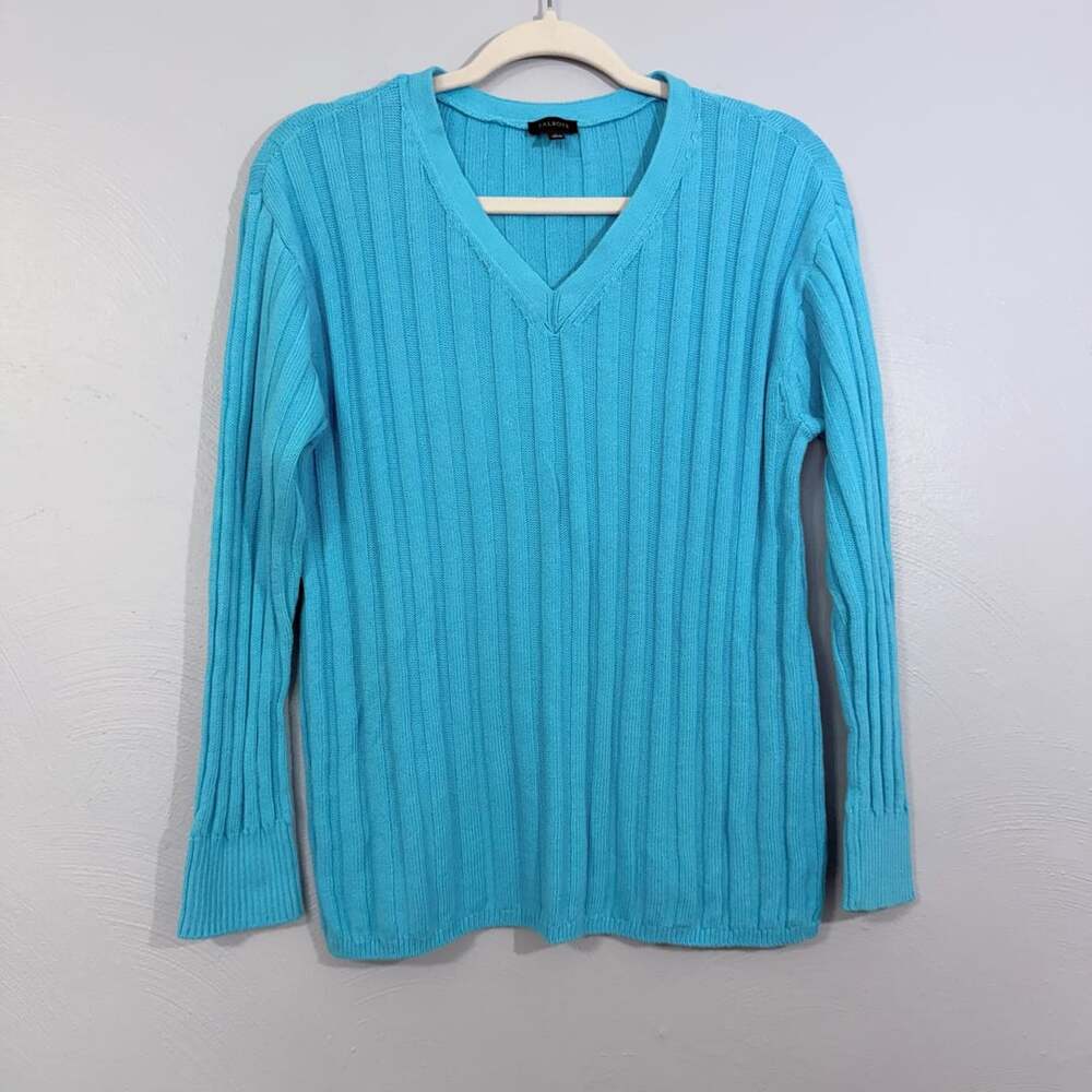 Talbots Turquoise Blue Ribbed V-Neck Cotton Linen Sweater L